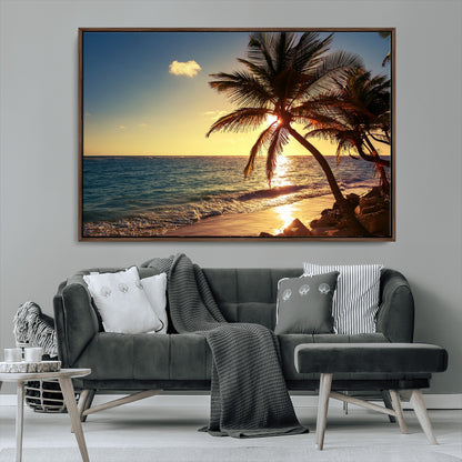 82710-MGV-CV-36X24-Palm Tree Sunset Beach Wall Art – Tropical Ocean Canvas Print, Coastal Paradise Seascape Decor for Living Room or Office Wall