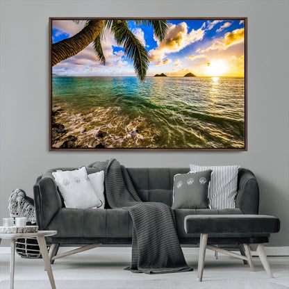 68606-MGV-CV-36X24-Tropical Palm Tree Ocean Wall Art – Sunset Beach Seascape Print, Coastal Paradise Decor for Living Room or Office