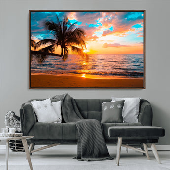 34674-MGV-CV-36X24-Tropical Sunset Beach Wall Art – Palm Tree Ocean Canvas Print, Coastal Seascape Decor for Living Room or Office Wall