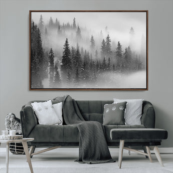 57235-MGV-CV-36X24-Misty Pine Forest Wall Art – Black and White Mountain Landscape Canvas Print, Nature Woodland Decor for Living Room, Bedroom or