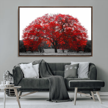 80021-MGV-CV-36X24-Red Tree Wall Art – Striking Black and White Landscape Canvas Print with Vibrant Red Leaves, Modern Nature Decor for Living Room