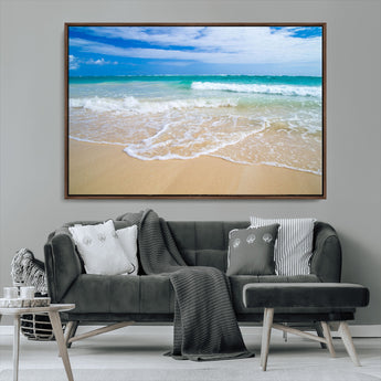20660-MGV-CV-36X24-Ocean Wave Beach Wall Art – Serene Blue Sea and Sandy Shore Canvas Print, Coastal Landscape Photography Decor for Living Room or