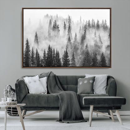 10422-MGV-CV-36X24-Misty Pine Forest Wall Art – Black and White Foggy Landscape Canvas Print, Serene Nature Woodland Decor for Bedroom, Office or