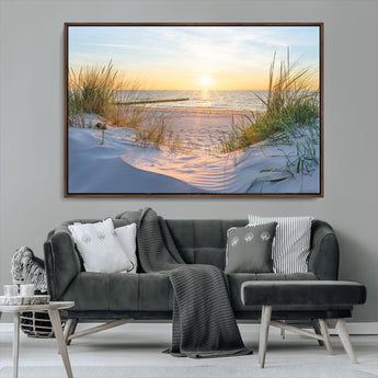 48907-MGV-CV-36X24-Beach Sunset Wall Art – Coastal Sand Dunes and Ocean View Canvas Print, Serene Seaside Landscape Painting for Living Room, Bedroom