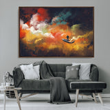 45085-MGV-FC-36X24_Walnut-Surreal Cosmic Wall Art – Abstract Galaxy Dreamscape Canvas Print with Man and Dog in Boat, Fantasy Nebula Painting for Living