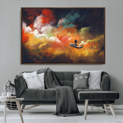 45085-MGV-FC-36X24_Walnut-Surreal Cosmic Wall Art – Abstract Galaxy Dreamscape Canvas Print with Man and Dog in Boat, Fantasy Nebula Painting for Living