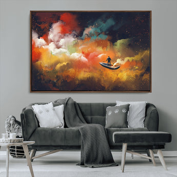 45085-MGV-CV-36X24-Surreal Cosmic Wall Art – Abstract Galaxy Dreamscape Canvas Print with Man and Dog in Boat, Fantasy Nebula Painting for Living