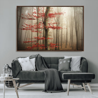 61855-MGV-CV-36X24-Misty Forest Wall Art – Red Tree with Autumn Leaves Canvas Print, Moody Woodland Nature Decor for Living Room, Bedroom, or Office