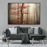 61855-MGV-CV-36X24-Misty Forest Wall Art – Red Tree with Autumn Leaves Canvas Print, Moody Woodland Nature Decor for Living Room, Bedroom, or Office