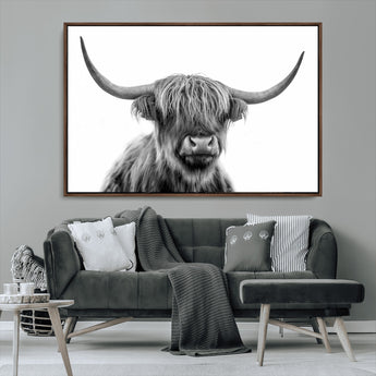 10123-MGV-CV-36X24-Black and White Highland Cow Wall Art – Modern Farmhouse Animal Print, Rustic Scottish Bull Canvas Decor for Living Room, Bedroom,
