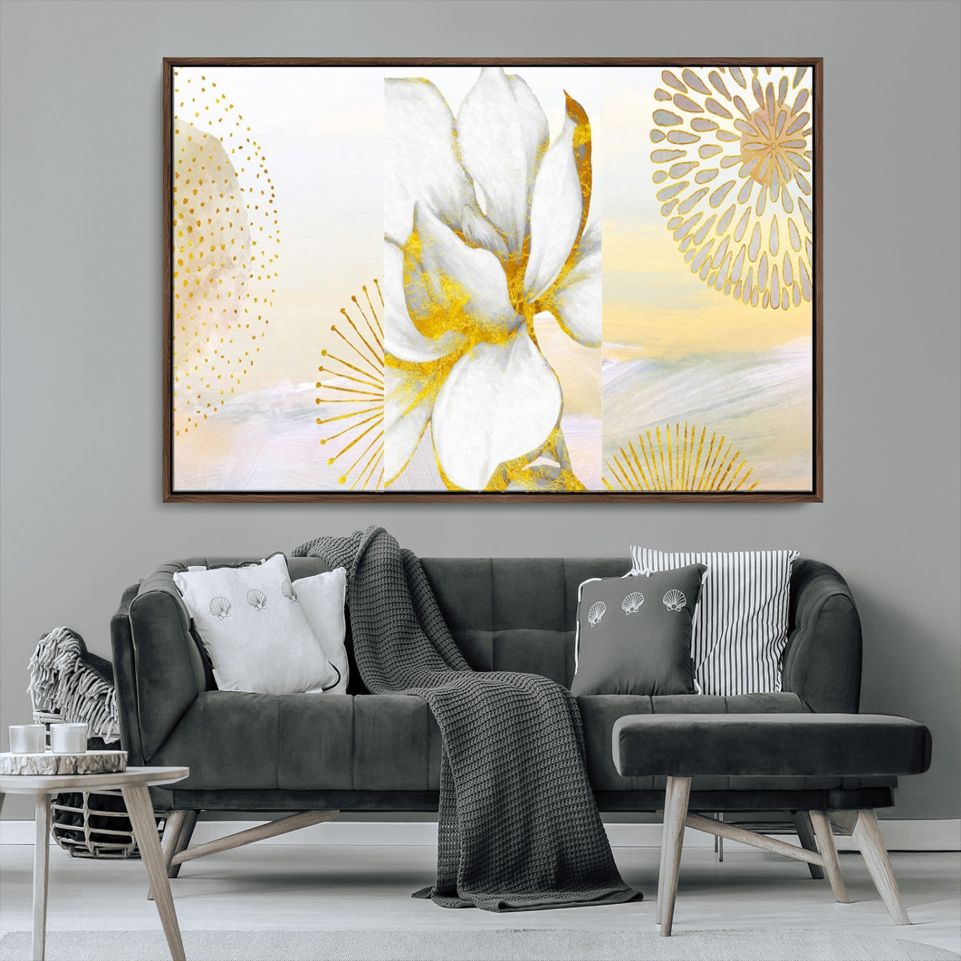 82301-MGV-FC-36X24_Walnut-Modern Floral Wall Art – White Flower with Gold Detailing Canvas Print, Elegant Abstract Artwork for Living Room, Bedroom, or