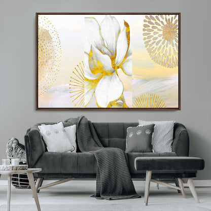 82301-MGV-FC-36X24_Walnut-Modern Floral Wall Art – White Flower with Gold Detailing Canvas Print, Elegant Abstract Artwork for Living Room, Bedroom, or
