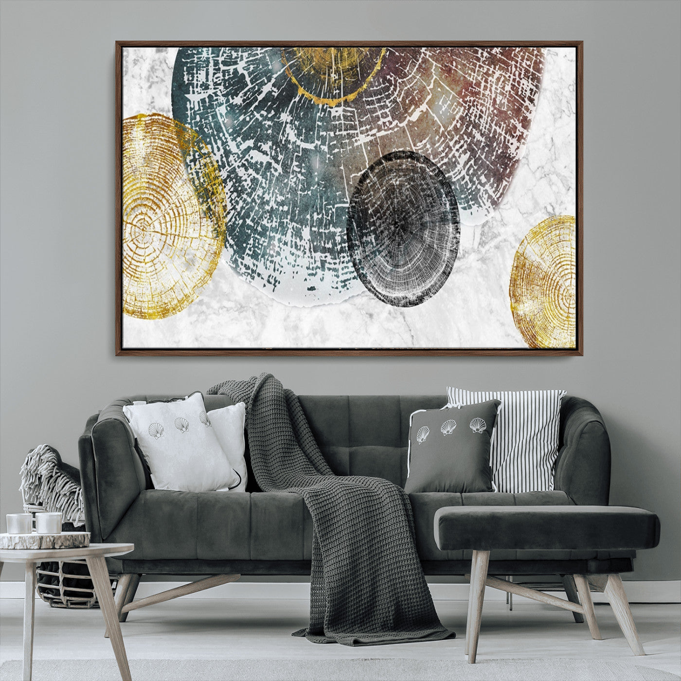 70653-MGV-CV-36X24-Abstract Tree Ring Wall Art – Modern Rustic Wood Slice Canvas Print with Gold Accents, Contemporary Nature Decor for Living Room,
