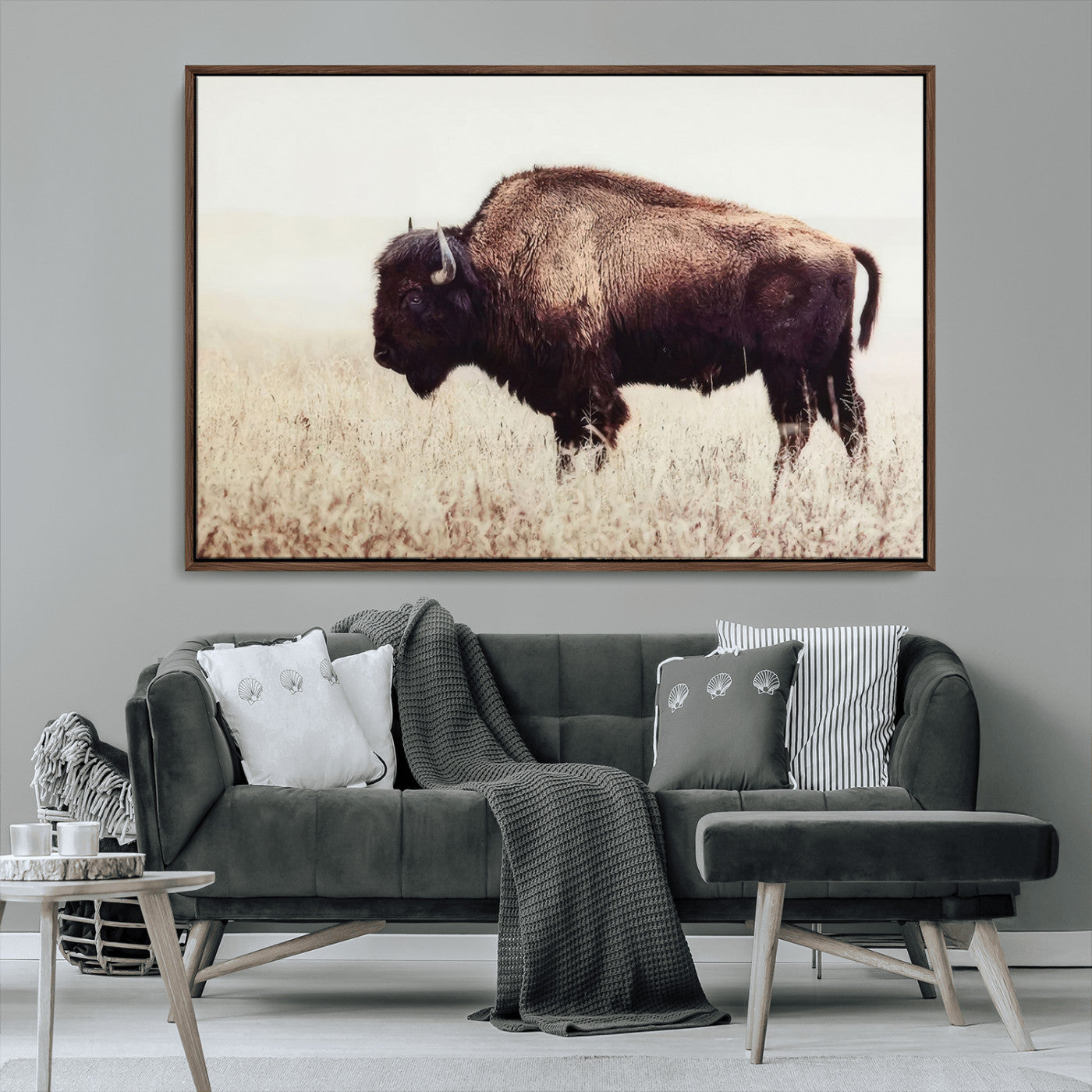 48406-MGV-CV-36X24-American Bison Wall Art – Rustic Buffalo Canvas Print in Prairie Field, Western Wildlife Photography Decor for Cabin, Lodge,
