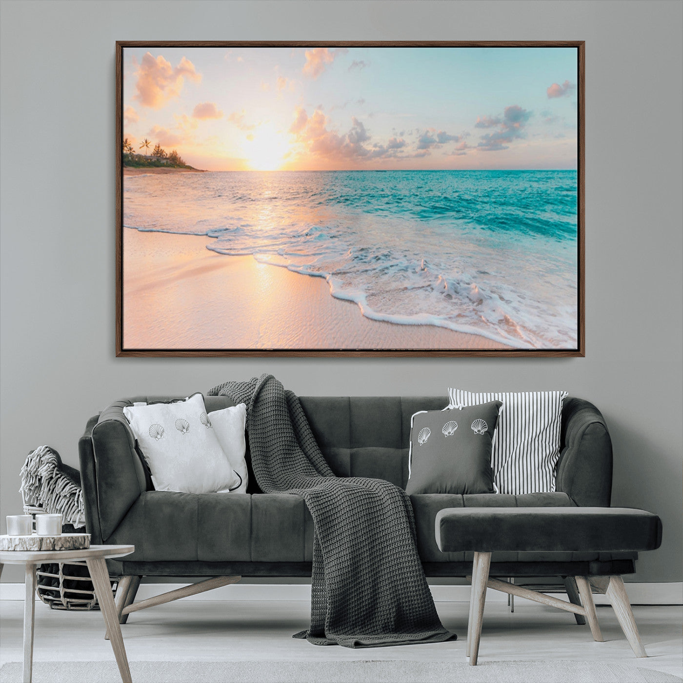 36554-MGV-CV-36X24-Tropical Beach Sunset Wall Art – Ocean Waves and Palm Canvas Print, Coastal Seascape Photography Decor for Living Room, Bedroom,