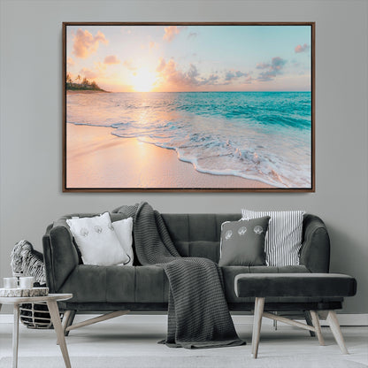 36554-MGV-CV-36X24-Tropical Beach Sunset Wall Art – Ocean Waves and Palm Canvas Print, Coastal Seascape Photography Decor for Living Room, Bedroom,
