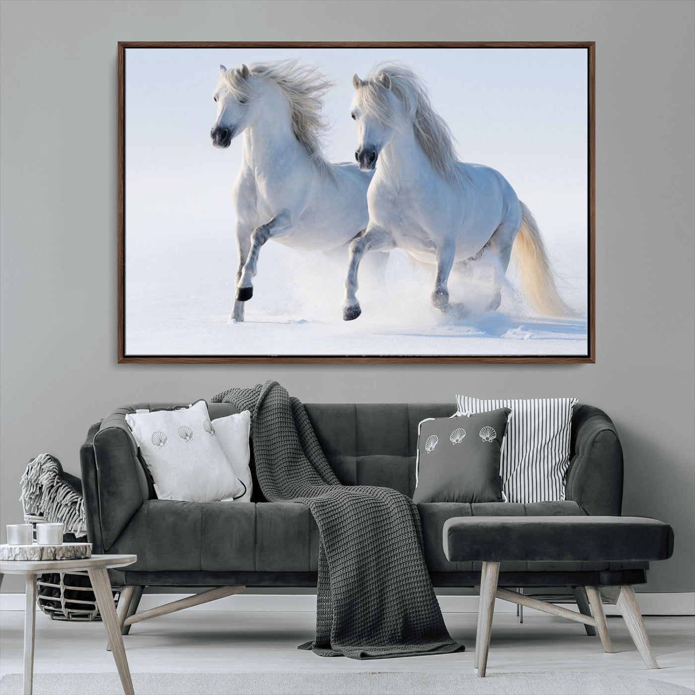 80145-MGV-CV-36X24-White Horses Running Snow Wall Art – Majestic Equine Canvas Print, Winter Nature Photography Decor for Living Room, Office,
