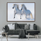 80145-MGV-CV-36X24-White Horses Running Snow Wall Art – Majestic Equine Canvas Print, Winter Nature Photography Decor for Living Room, Office,