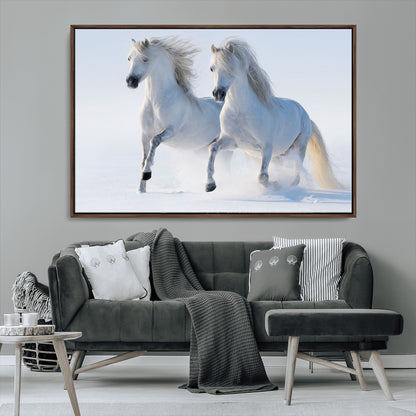 80145-MGV-CV-36X24-White Horses Running Snow Wall Art – Majestic Equine Canvas Print, Winter Nature Photography Decor for Living Room, Office,