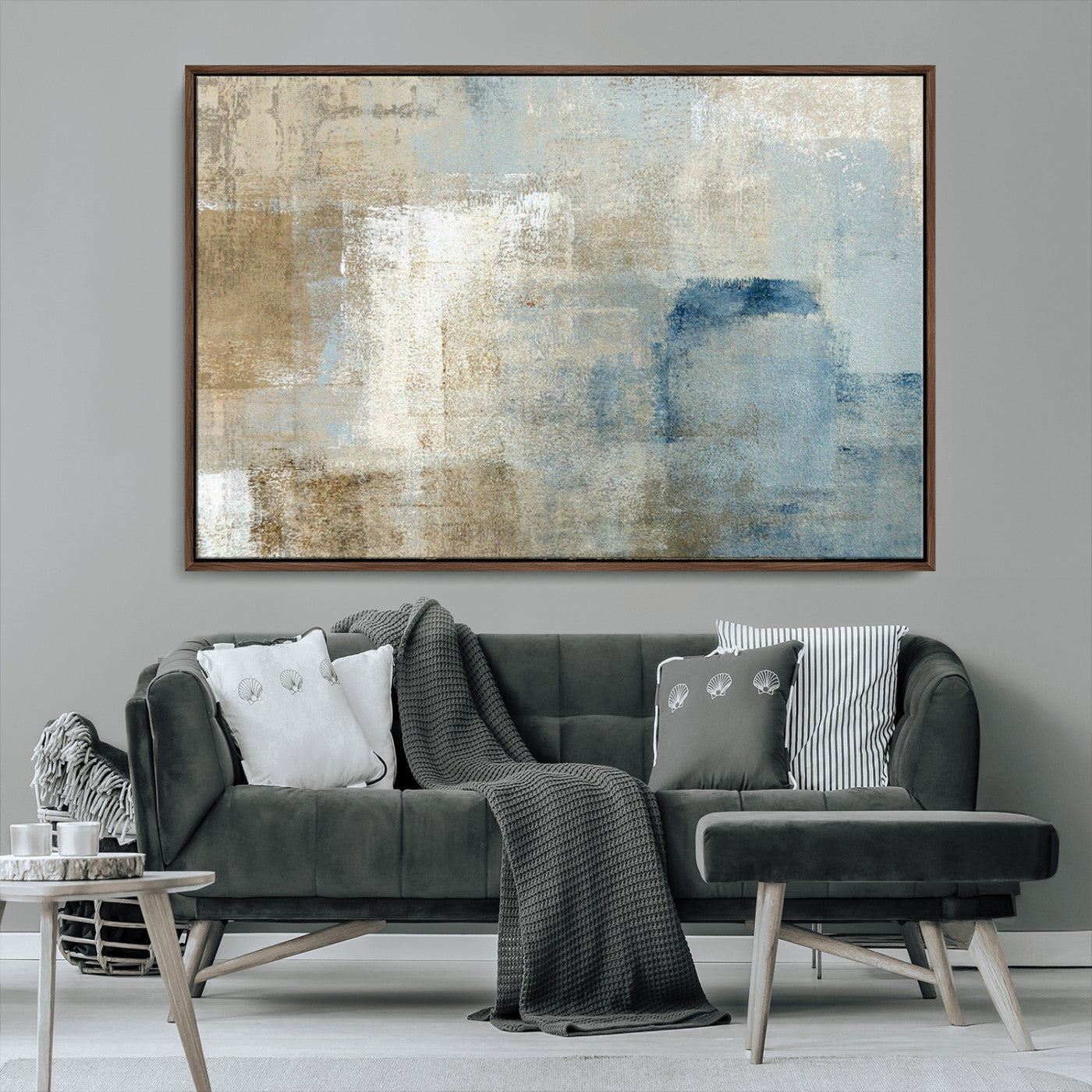 38126-MGV-CV-36X24-Neutral Abstract Wall Art – Modern Beige and Blue Canvas Print and Minimalist Textured Painting for Living Room, Bedroom or Office