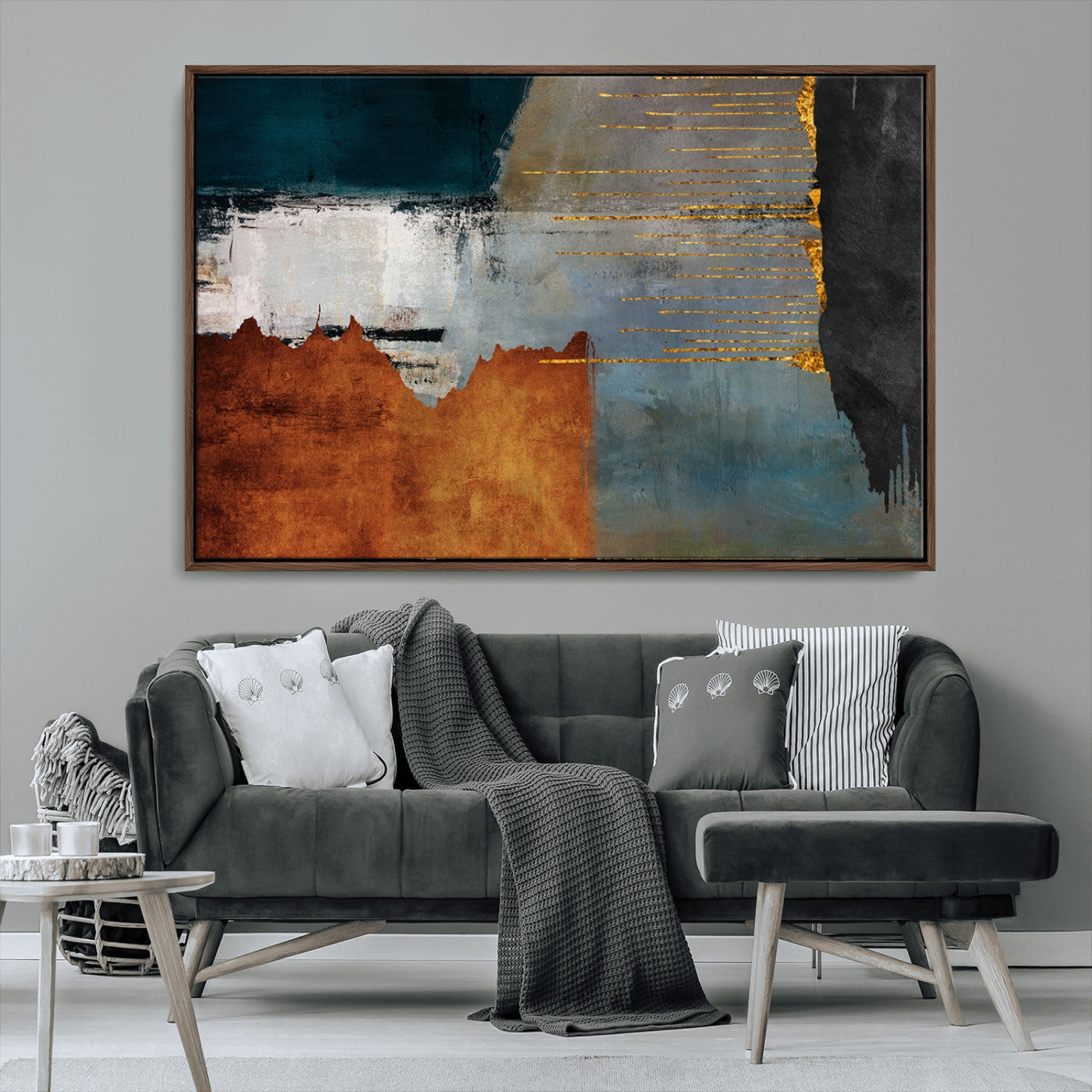 35026-MGV-CV-36X24-Abstract Canvas Wall Art – Modern Teal, Rust, Black and Gold Textured Painting, Contemporary Decor for Living Room, Bedroom or