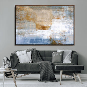72354-MGV-CV-36X24-Blue and Gold Abstract Wall Art – Modern Minimalist Canvas Print, Textured Contemporary Painting for Living Room, Bedroom, or