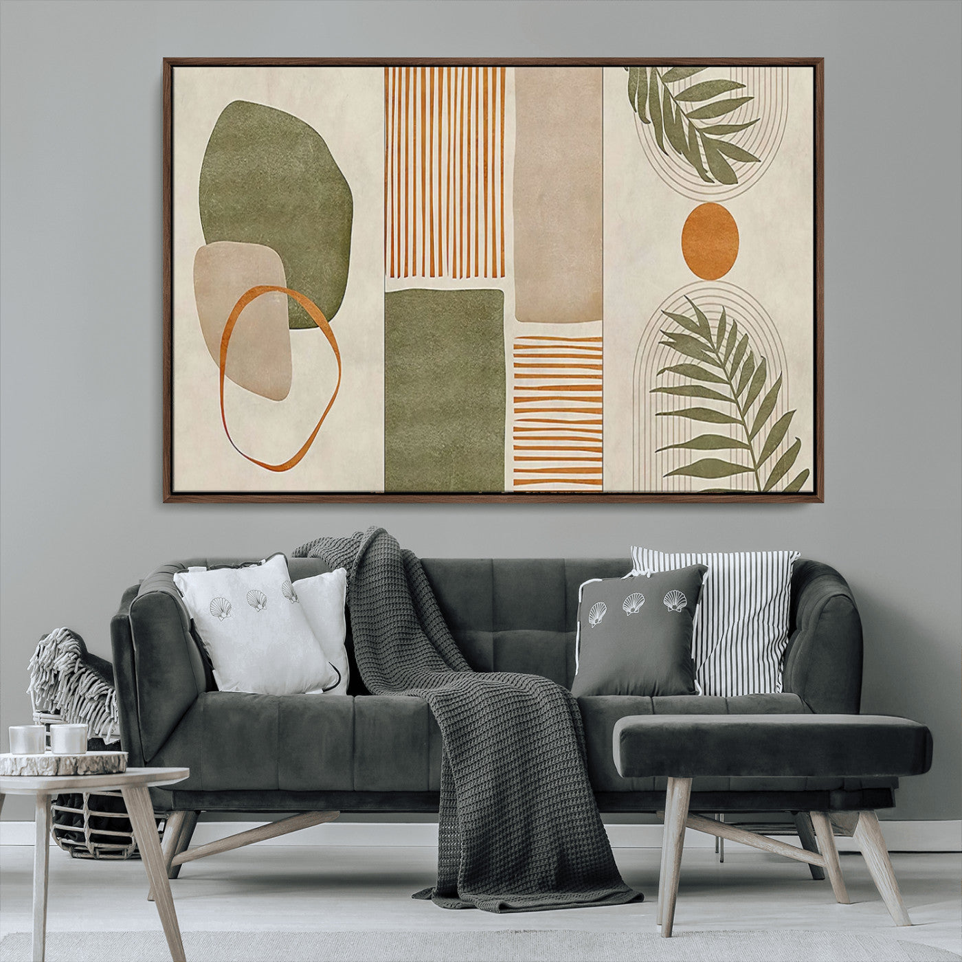 96002-MGV-CV-36X24-Abstract Geometric Wall Art – Modern Canvas Print with Green, Orange & Beige Shapes, Minimalist Home Decor for Living Room, Office