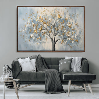 65811-MGV-CV-36X24-Abstract Tree Wall Art – Textured Canvas Painting with Gold and White Leaves, Modern Nature Inspired Decor for Living Room or