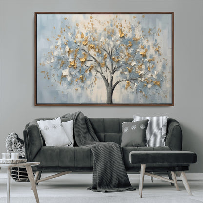 65811-MGV-CV-36X24-Abstract Tree Wall Art – Textured Canvas Painting with Gold and White Leaves, Modern Nature Inspired Decor for Living Room or