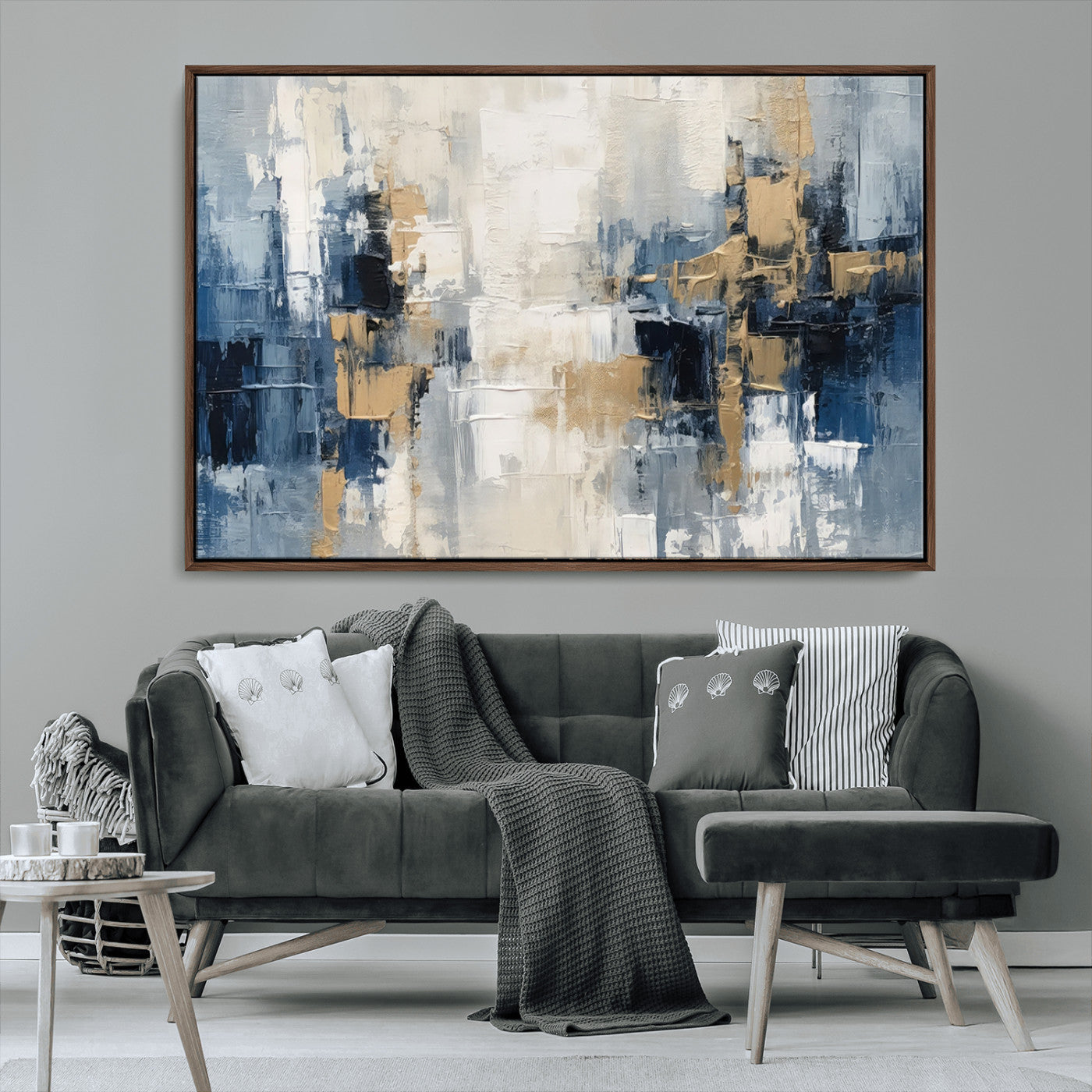 44344-MGV-CV-36X24-Abstract Blue and Gold Wall Art – Modern Hand Painted Canvas Print, Contemporary Textured Painting for Living Room, Bedroom or