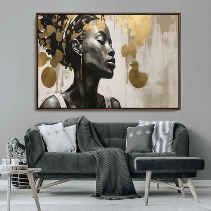 65669-MGV-CV-36X24-Elegant Black Woman Wall Art – Modern Abstract Portrait Canvas with Gold Accents, Contemporary Afrocentric Decor for Living Room