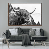 61570-MGV-CV-36X24-Highland Cow Wall Art – Black and White Scottish Bull Canvas Print, Rustic Farmhouse Animal Decor for Living Room, Bedroom, or