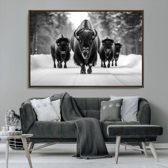 45287-MGV-CV-36X24-Bison Herd Wall Art – Black and White Buffalo Snow Road Canvas Print, Rustic Wildlife Decor for Cabin, Lodge or Living Room
