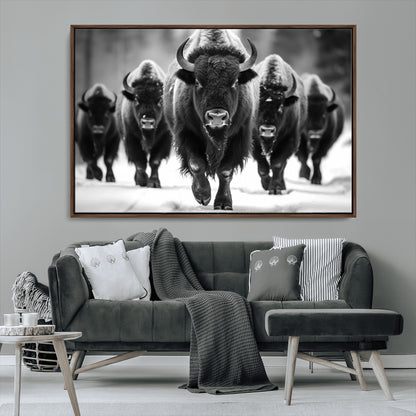 79872-MGV-CV-36X24-Bison Herd Wall Art – Black and White Buffalo on Snow Canvas Print, Rustic Wildlife Decor for Lodge, Cabin, or Living Room