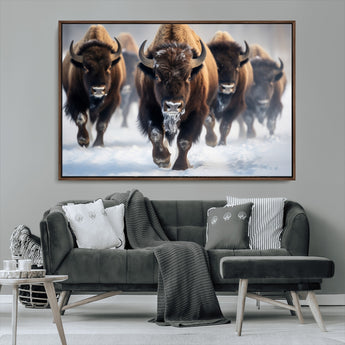 80512-MGV-CV-36X24-Bison Herd Wall Art – Buffalo Running in Snow Canvas Print, Rustic Wildlife Photography Decor for Cabin, Lodge, or Living Room