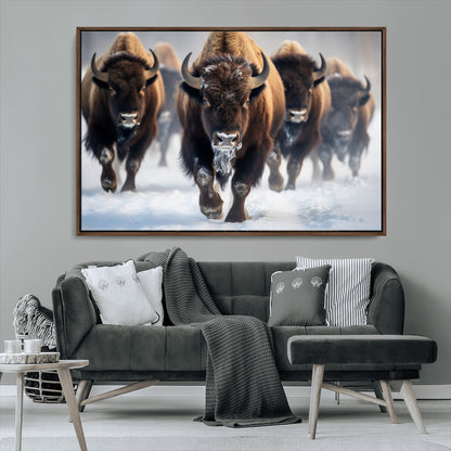 80512-MGV-CV-36X24-Bison Herd Wall Art – Buffalo Running in Snow Canvas Print, Rustic Wildlife Photography Decor for Cabin, Lodge, or Living Room