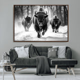 97552-MGV-CV-36X24-Black and White Bison Wall Art – Buffalo Herd Running in Snow Canvas Print, Rustic Wildlife Photography Decor for Cabin, Lodge, or