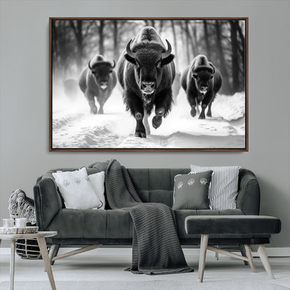 97552-MGV-CV-36X24-Black and White Bison Wall Art – Buffalo Herd Running in Snow Canvas Print, Rustic Wildlife Photography Decor for Cabin, Lodge, or