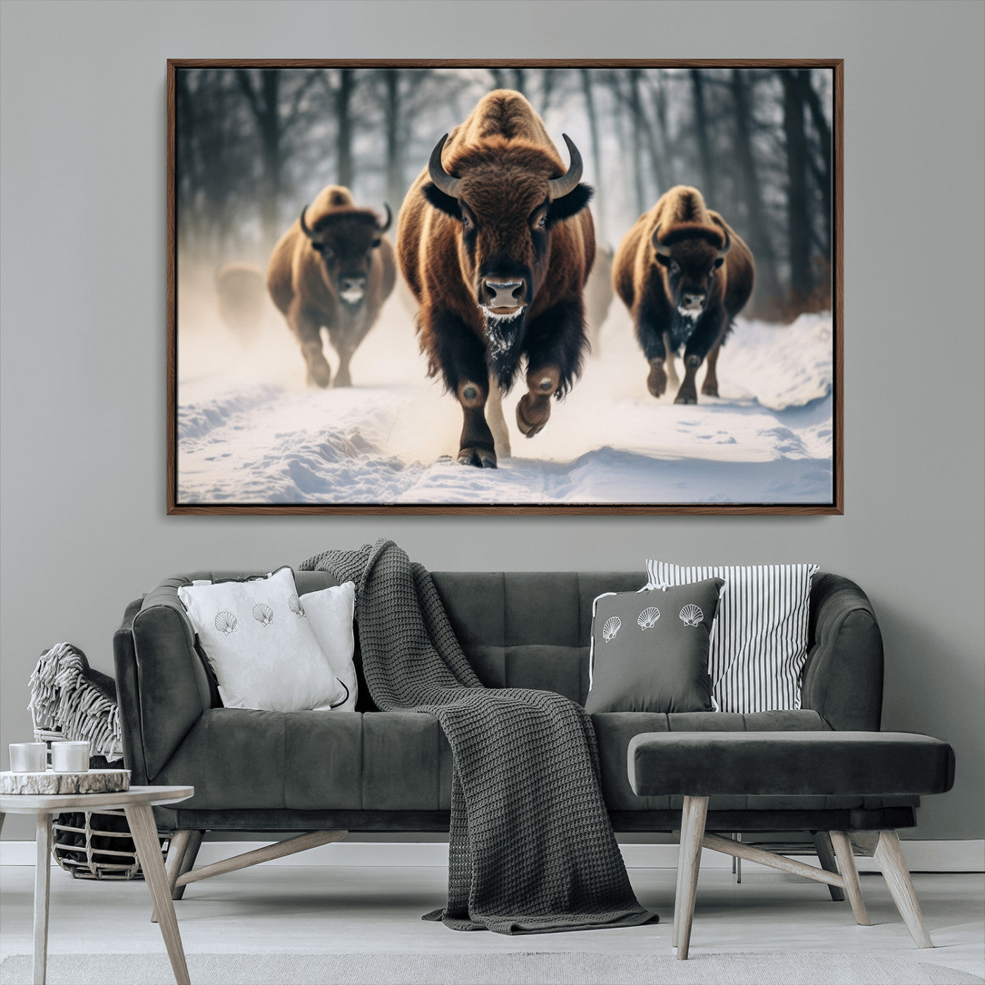 56549-MGV-CV-36X24-Wild Bison Wall Art – Majestic Buffalo Herd Running in Snow Canvas Print, Rustic Wildlife Photography Decor for Cabin, Lodge, or