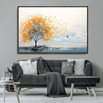 23385-MGV-CV-36X24-Golden Butterfly Tree Wall Art – Abstract Yellow and Gray Canvas Print, Modern Nature Artwork for Living Room, Bedroom or Office