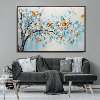 59455-MGV-CV-36X24-Butterfly Tree Branch Wall Art – Blue and Yellow Abstract Canvas Print, Modern Nature Artwork for Living Room, Bedroom or Office
