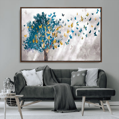 37564-MGV-CV-36X24-Butterfly Tree Wall Art – Modern Nature Canvas Print with Blue and Golden Butterflies, Elegant Decorative Painting for Living Room