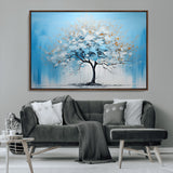 25021-MGV-CV-36X24-Abstract Tree Wall Art – Blue and White Canvas Painting with Gold Accents, Modern Nature-Inspired Artwork for Living Room, Bedroom