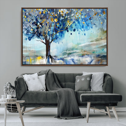 17018-MGV-CV-36X24-Abstract Blue Tree Wall Art – Colorful Canvas Painting with Gold and Silver Accents, Modern Nature Artwork for Living Room,