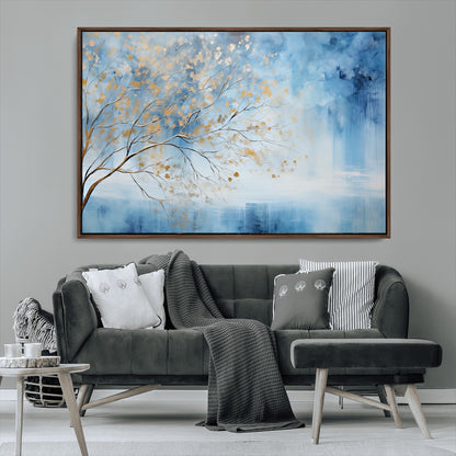 23891-MGV-CV-36X24-Abstract Tree Wall Art – Minimalist Blue and Gold Canvas Painting, Elegant Nature-Inspired Artwork for Living Room, Bedroom or