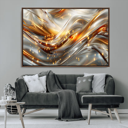Lines1-MGV-FC-36X24_Walnut-Abstract Metallic Wall Art – Silver and Gold Wave Canvas Print with Sparkling Accents, Modern Luxury Decor for Living Room, Office
