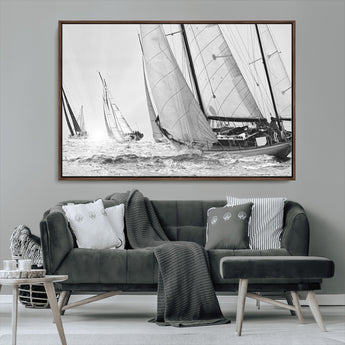 Boat-1-MGV-CV-36X24-Sailboat Racing Wall Art – Nautical Black and White Canvas Print, Ocean Adventure Decor for Office, Living Room or Bedroom