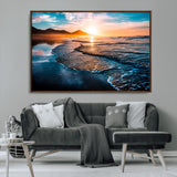 26494-MGV-CV-36X24-Ocean Sunset Wall Art – Scenic Beach Canvas Print with Waves and Mountains, Coastal Seascape Photography for Living Room, Bedroom