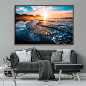 26494-MGV-CV-36X24-Ocean Sunset Wall Art – Scenic Beach Canvas Print with Waves and Mountains, Coastal Seascape Photography for Living Room, Bedroom
