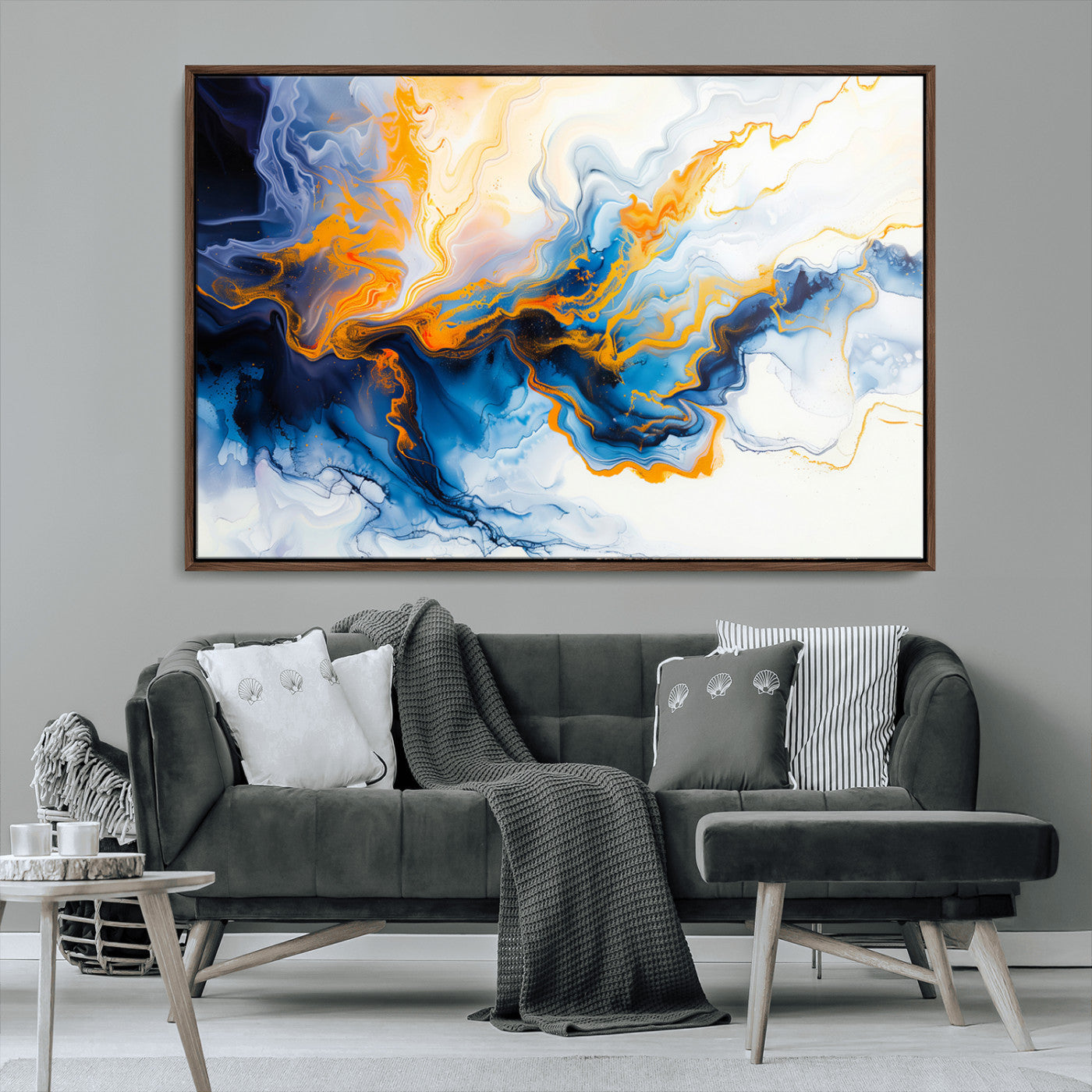 83720-MGV-CV-36X24-Abstract Fluid Wall Art – Blue, White and Gold Swirl Canvas Painting, Modern Contemporary Artwork for Living Room, Bedroom or
